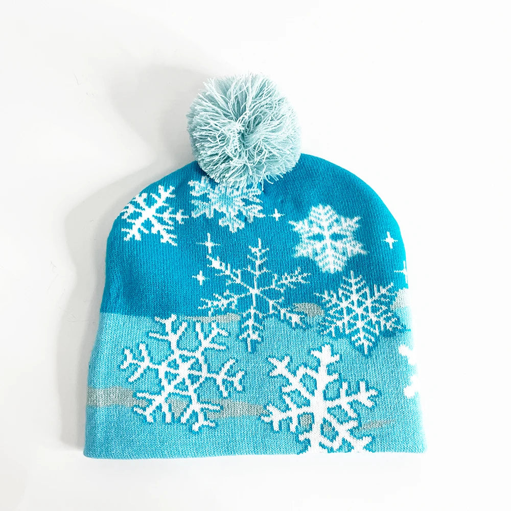 Merry Christmas LED Snow Pattern Santa Hat Christmas Decorations Short Knitted Beanie Pompom Cap