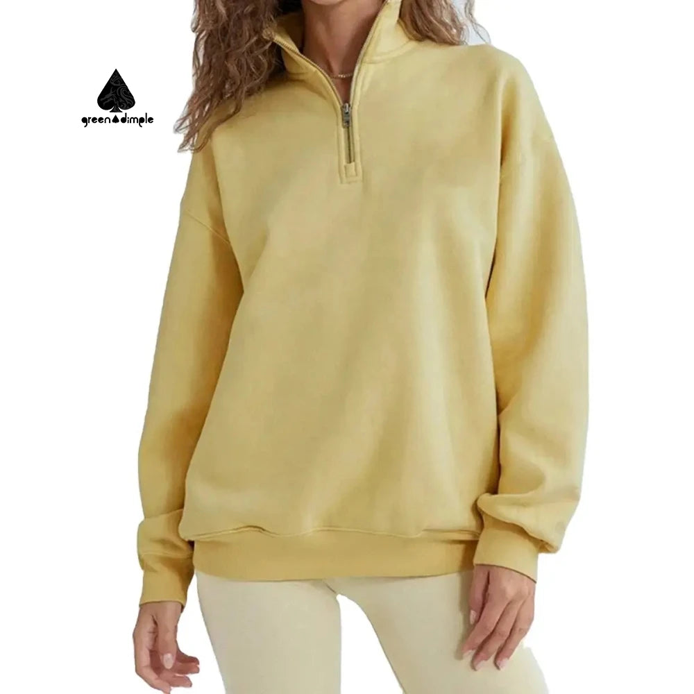 Green Dimple Custom Logo Crew Neck Sweatshirt Yellow Plain Fleece Pullover Sweatshirt Half Zipper for Women