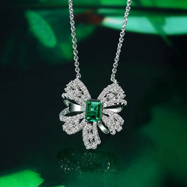 2021 Newest 925 Sterling Silver Created Emerald Bow Necklace Green Stone Necklace Designs