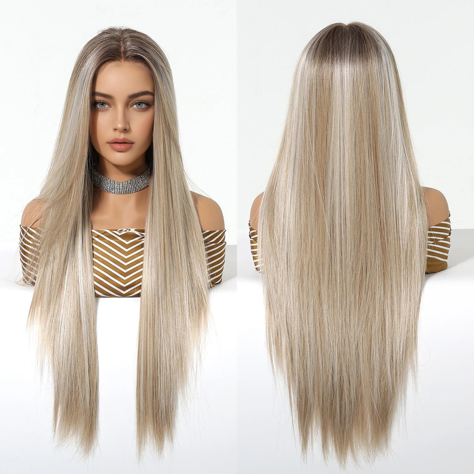 White Golden Brown Mix 13*6 Lace Wig Future Fiber High Quality Natural Smooth 30 Inch Straight Hair Durable Soft True Photo