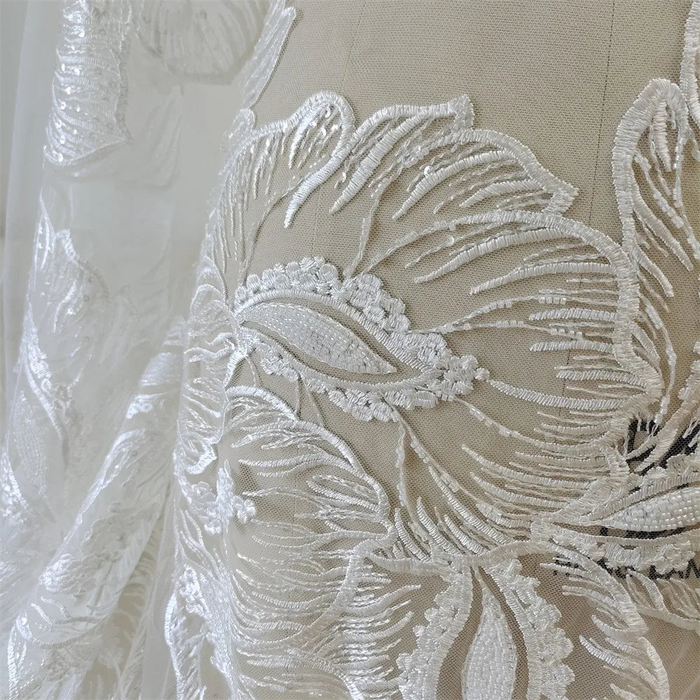 White Leaf Studded Bead Lace Mesh Fabric Handmade Elegant Wedding Dress Qipao Embroidered Door Curtains Tablecloth DIY 100%