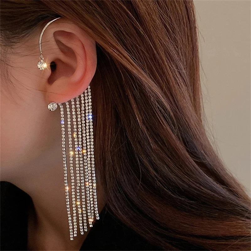 Kaimei 2022 New Long Tassel Rhinestone Earrings Korean Style Ear Hook Crystal Tassel Ear Bone Dangle Stone Earrings for Women