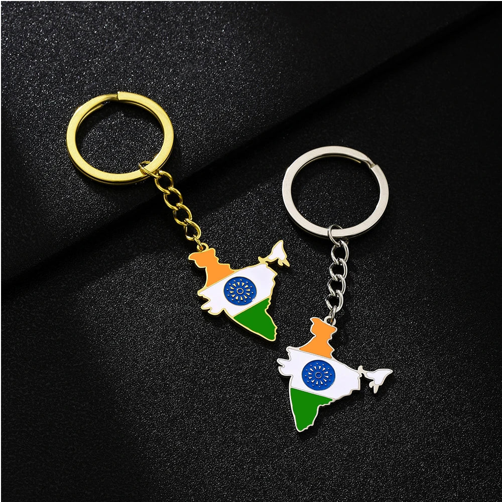 Stainless Steel Enamel India Country Flag Charm Keychain Key Ring 18K Gold Plated Enameled India Map Pendant Key Chain