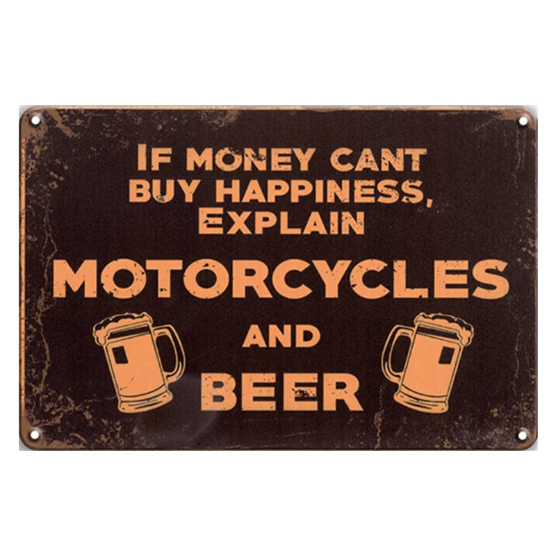 Happiness by Motorcycles and Beer Plaque Whiskey Metal Tin Signs Painting Poster Vintage Wall Art Sticker Pub Bar Home Decor
