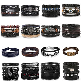 New Vintage Black Bead Bracelets Fashion Hollow Leather Bracelet Bangles Multi Layer Jewelry for Men Women