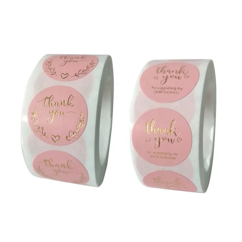500pcs/roll Handmade Label Wholesale Bronzing Thank You Pink Round Stickers With High Quality