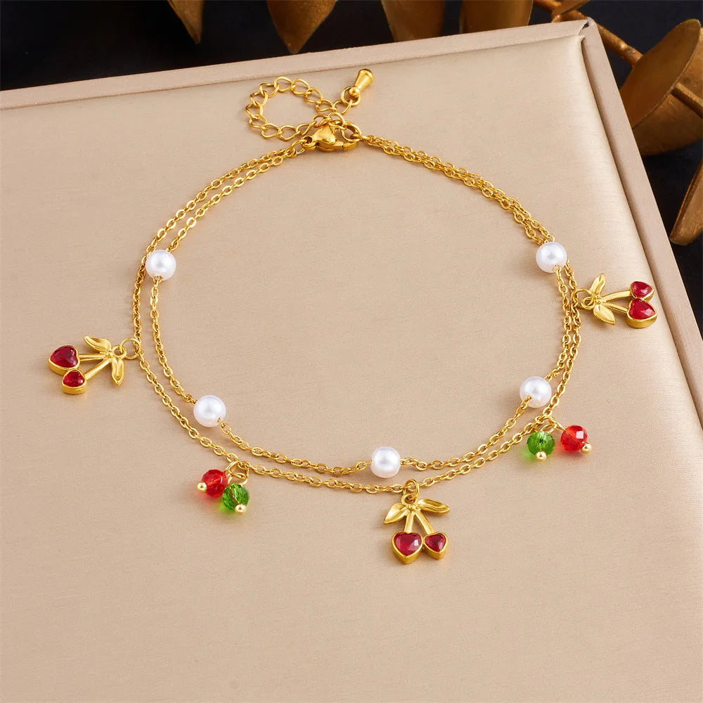 Cute Stainless Steel Anti Tarnish Double Layer Chain Beach Anklet 18k Pvd Gold Plated Cherry Charm Anklet for Women
