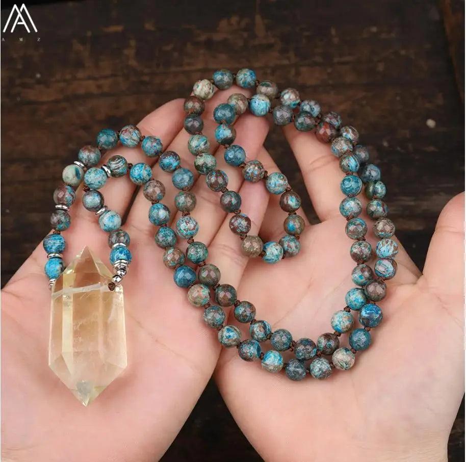 Ocean Jasper 108 Mala Beads Men Jewelry Healing Crystal Citrine Quartz Double Point Pendant Necklace