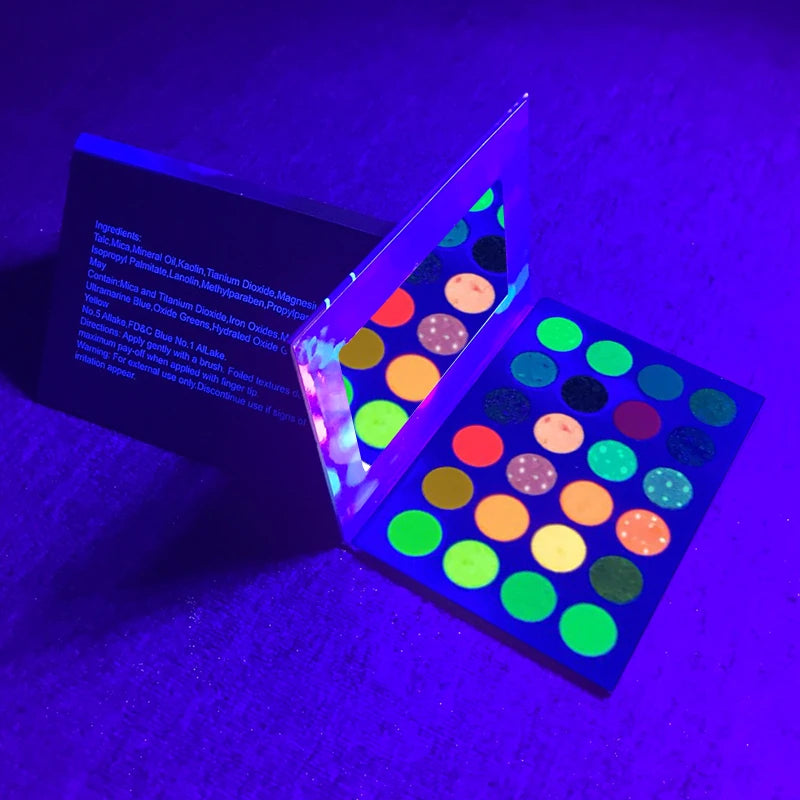 Glow in the Dark Fluorescent Neon Waterproof Eye Shadow Eyeshadow Palette 24 Color Matte Glitter Shimmer Light Fair