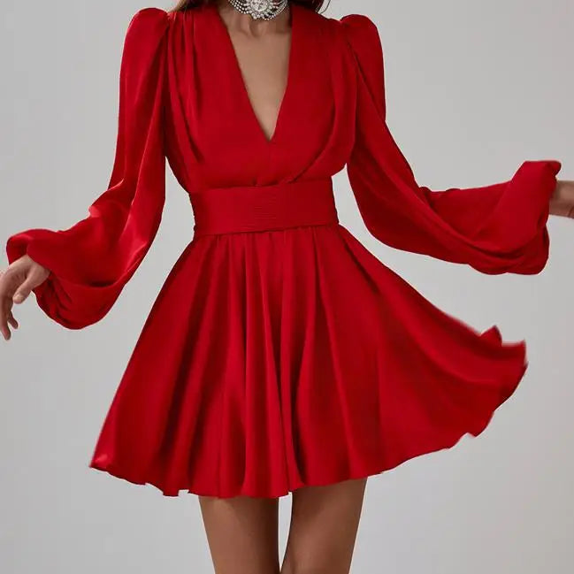 Enyami Frilled Loose Red Satin Sexy Deep V-Neck Puff Sleeve Elegant High Waist Pleated Midi Women Dress With Wide Belt