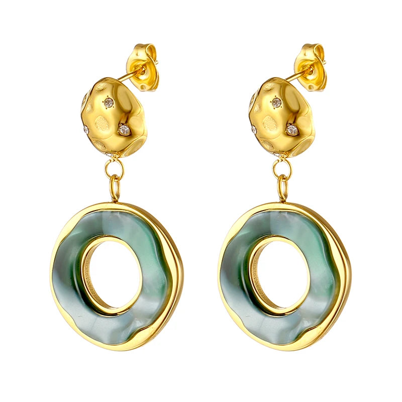 18k Gold Plated Stainless Steel Vintage Portrait Exquisite Imitation Stone Resin Circle Drop Stud Earrings