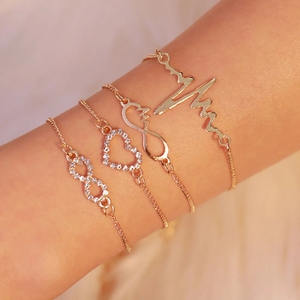 Factory Price Women Alloy Jewelry Crystal Rhinestone 8 Charm Bracelet 4 Pieces Gold Heart Bracelet Set Wholesale
