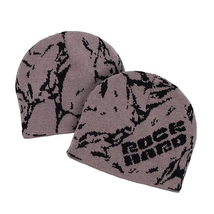Grunge Jacquard Beanie Soft Acrylic Knitted Hats with Custom Logo Outdoor Streetwear Y2K Rock Style Skull Cap for Men Women Cool