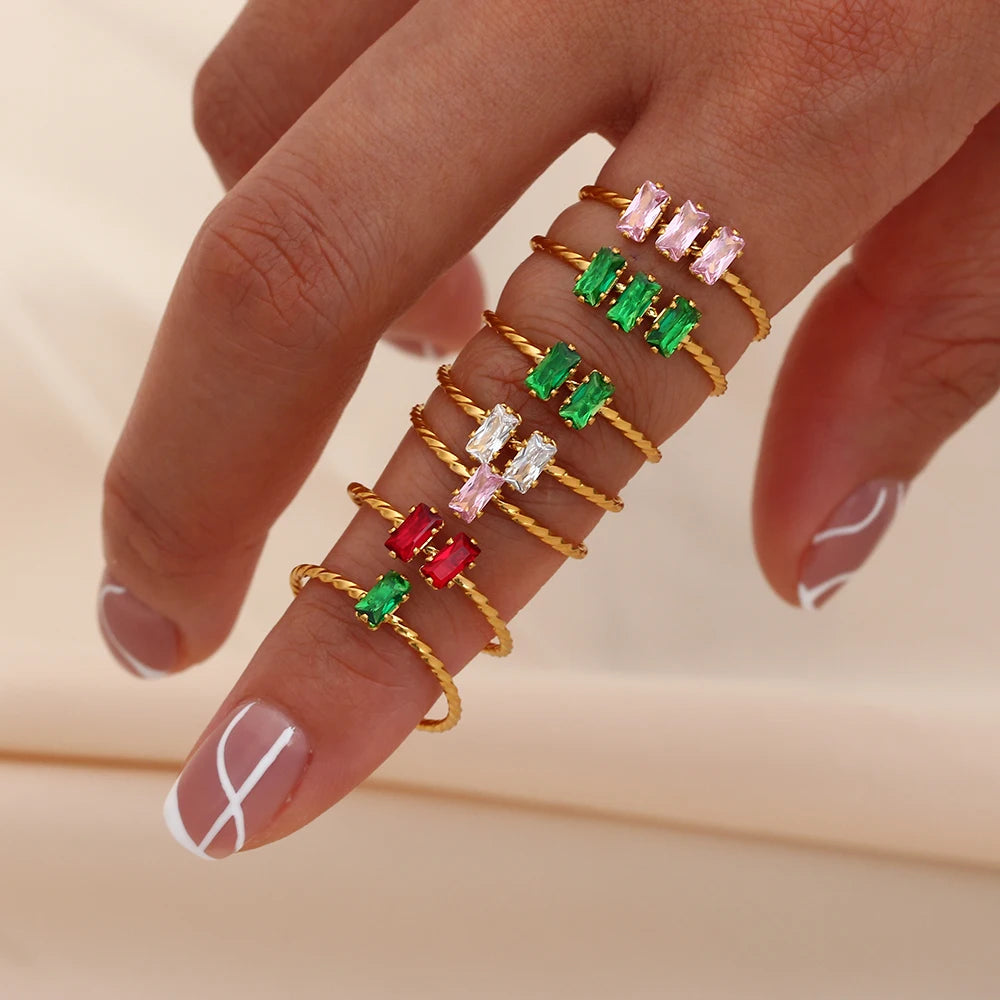 Adjustable Opening Rings 18K Gold Plated Waterproof Daily Jewelry Stainless Steel Elegant Colored Zircon CZ Rings for Women