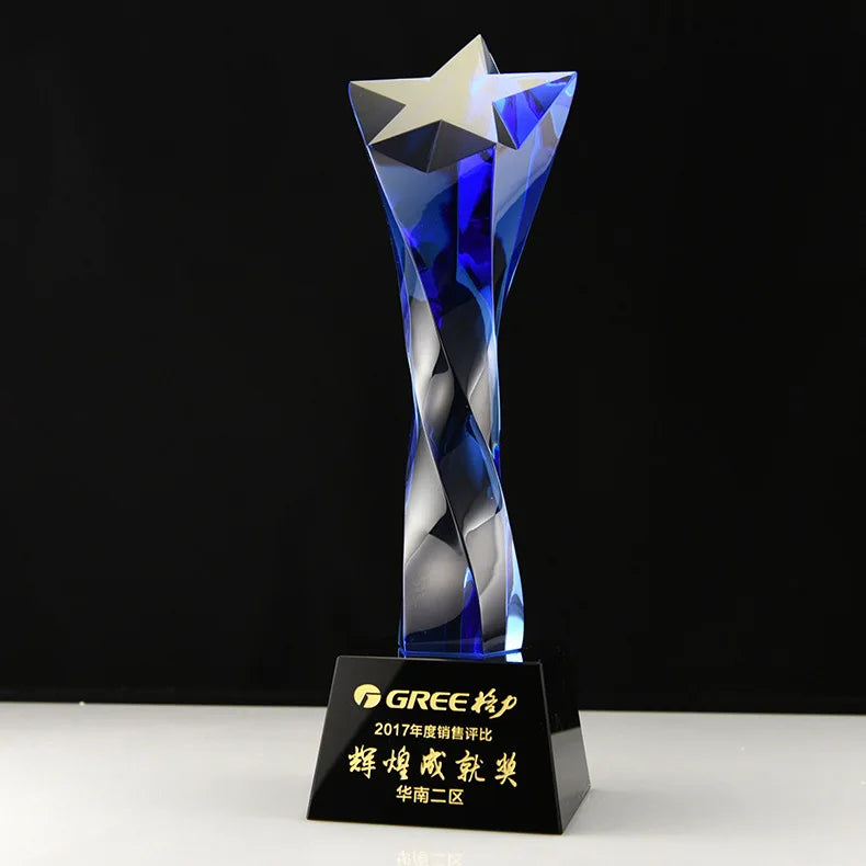 Blue Clear Red Star Tower Crystal Dedication Plaque Award Glass Blank Trophy MH-NJ0282