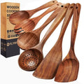 2025 Hot Selling 6 Pieces Non Stick Utensil Natural  E-co Friendly Teak Wood Kitchen Wooden Utensils Set