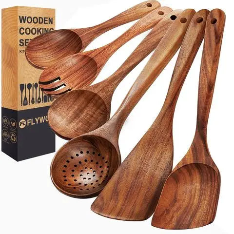 2025 Hot Selling 6 Pieces Non Stick Utensil Natural  E-co Friendly Teak Wood Kitchen Wooden Utensils Set