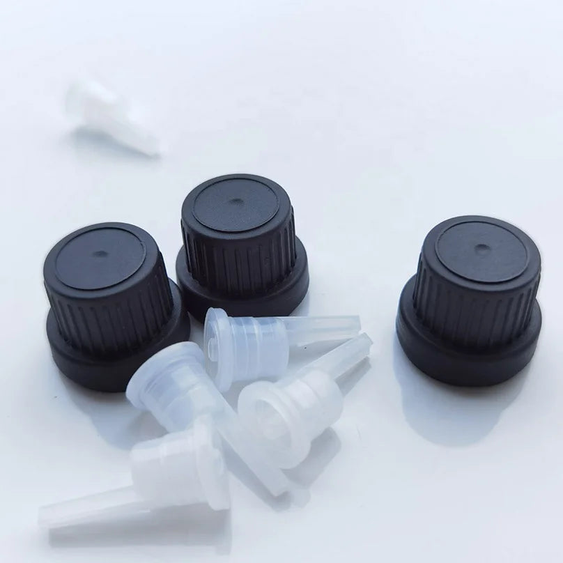 18/415 Black Plastic Tamper Evident Caps With Orifice Reducers for Essential Oil Bottles