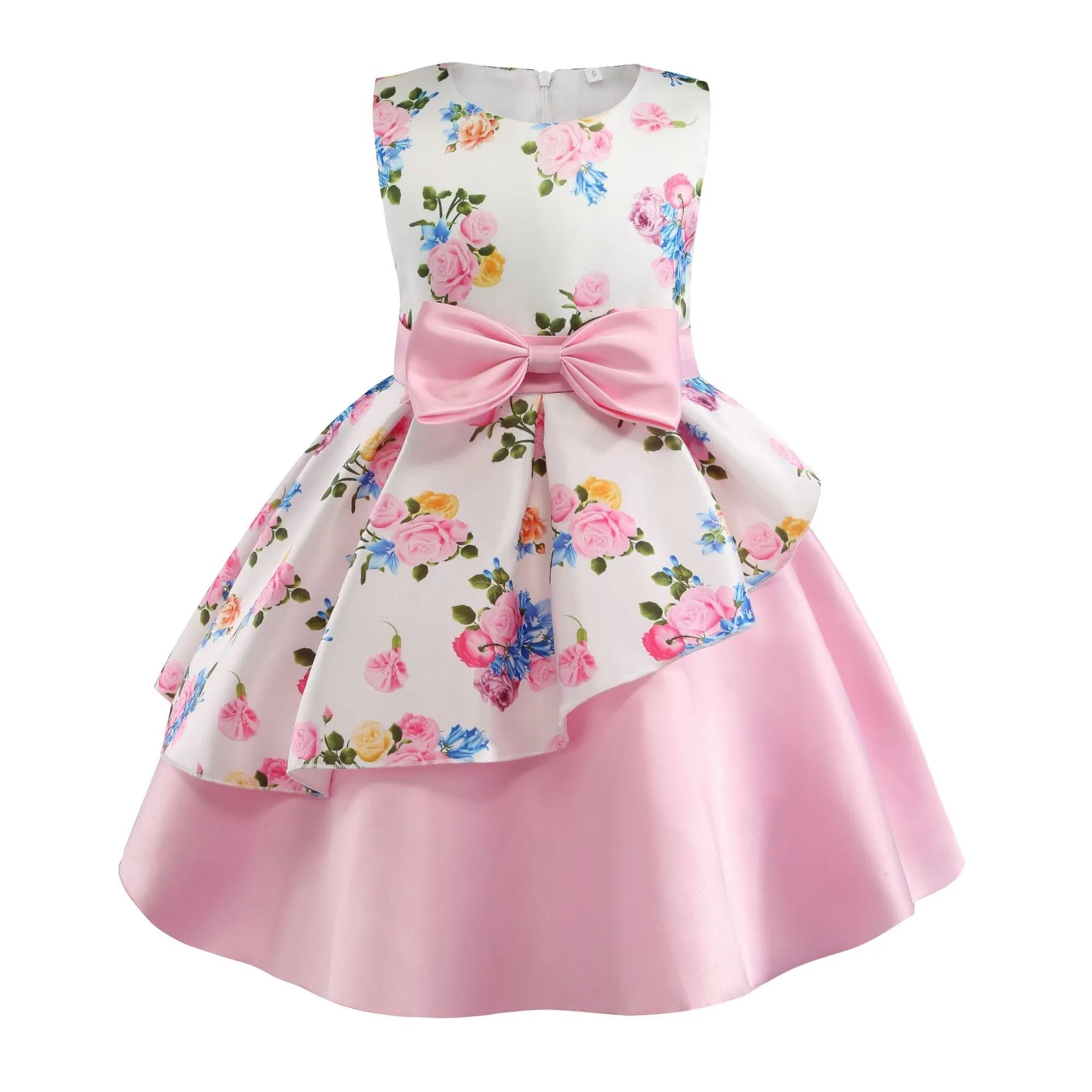 Kids Party Dress Girls Irregular Hem Printed Bowknot Holiday Performance Dresses Wedding Skirt for Children C0069