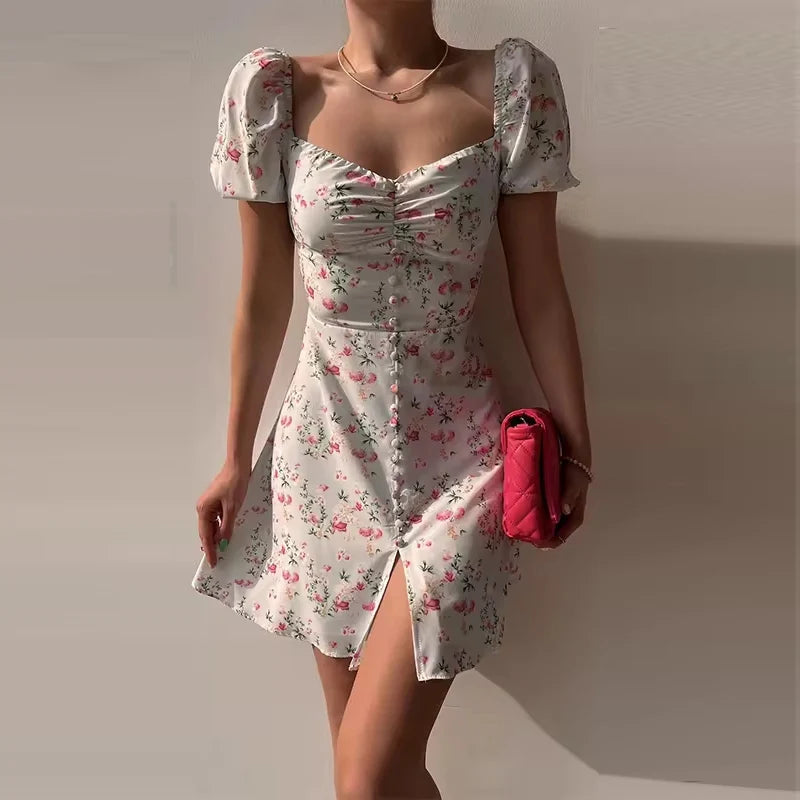 Summer Flower Print Woman Dress With Front Logo Breathable Casual Robe Femme Eleg for Spring and Winter Seasons