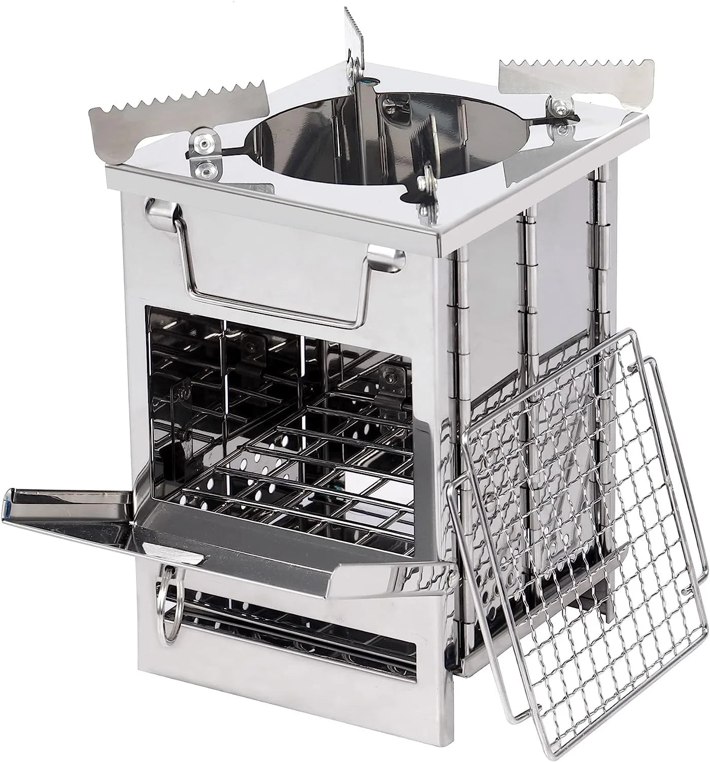 Large Portable Stainless Steel 304# Wood Burning Camping Stove Folding Grill with Pot Stand for Outdoor Cooking