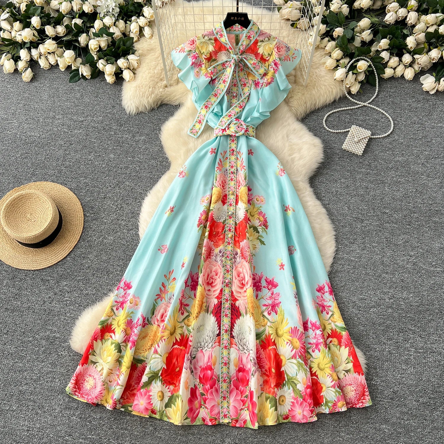 LW0774 2025 Spring and Summer New Niche Bow Lace-Up Waist Print Dress Printed Dresses Women Lady Elegant