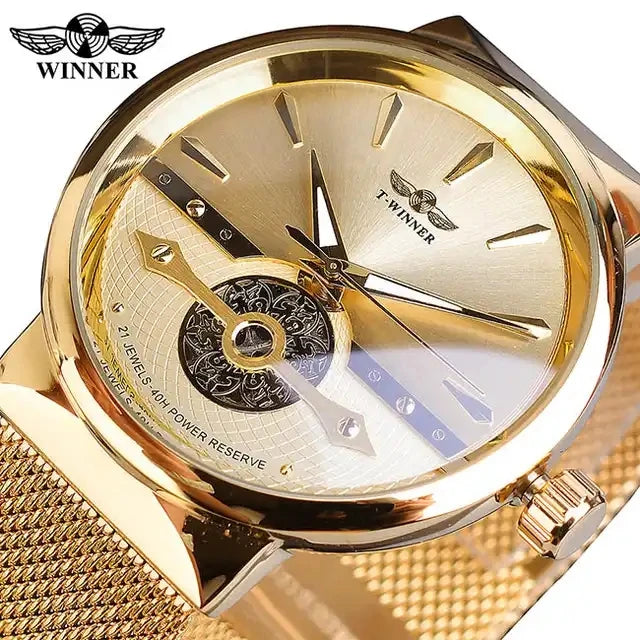 Winner  Men Fashion Mechanical Watch Business Slim Hollow Black Automatic  Waterproof Steel Mesh Band Clock Gift