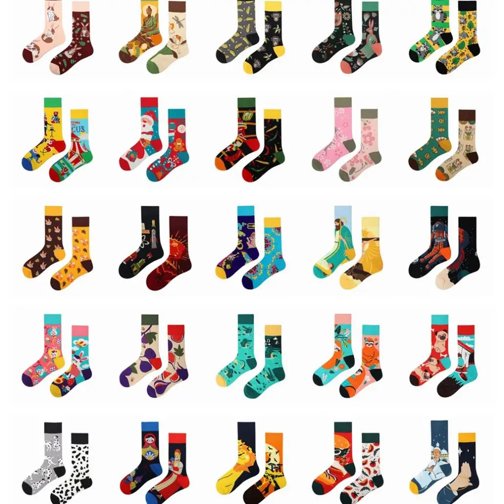 Unisex Stylish Street Cotton Mid Calf Ab New Asymmetrical Crew Socks With 82 Patterns