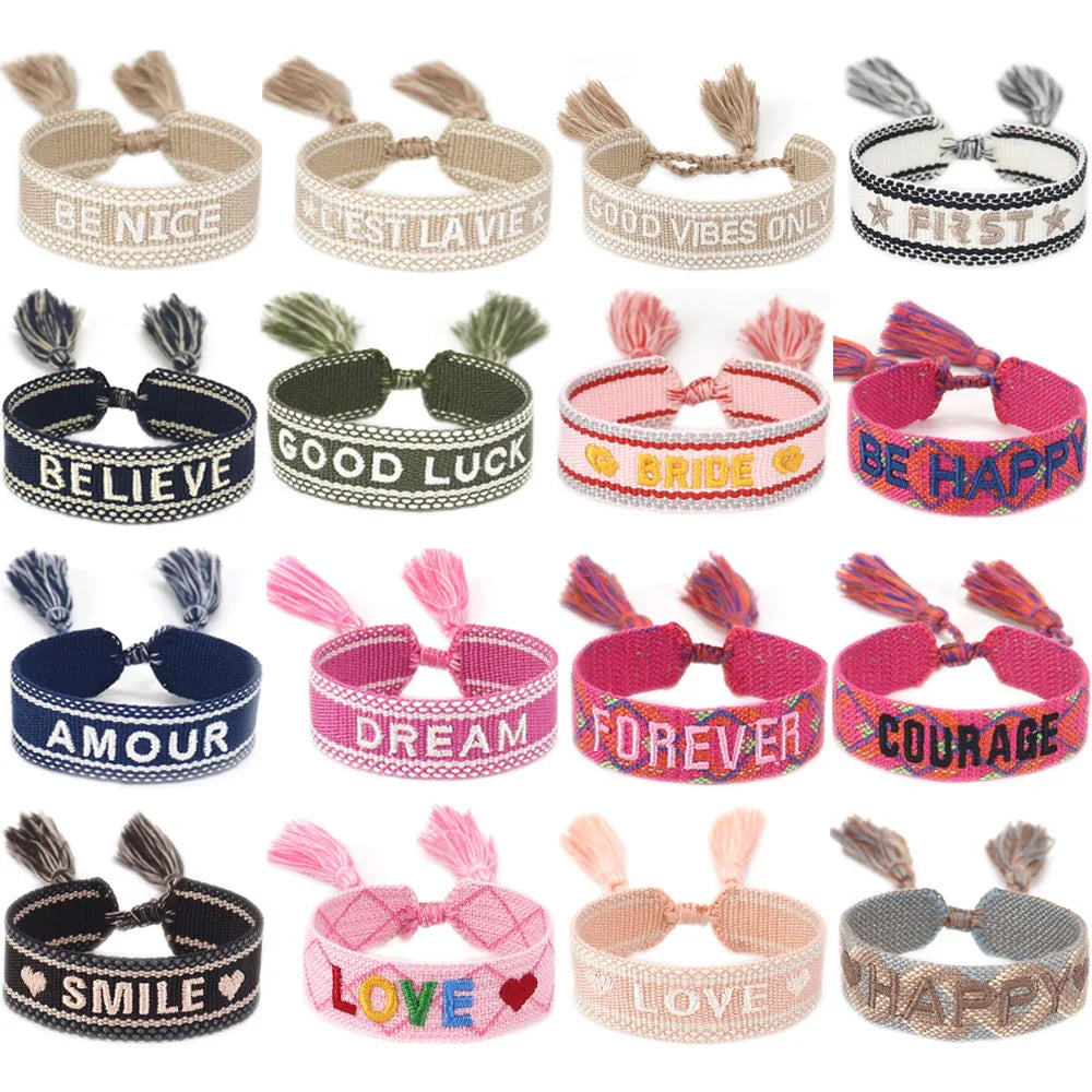20pcs 70 Designs WILD LOVE PEACE Custom Embroidery Bracelet GOOD VIBES ONLY BRIDE Tassel Wristband Wedding Braided Rope Bangle