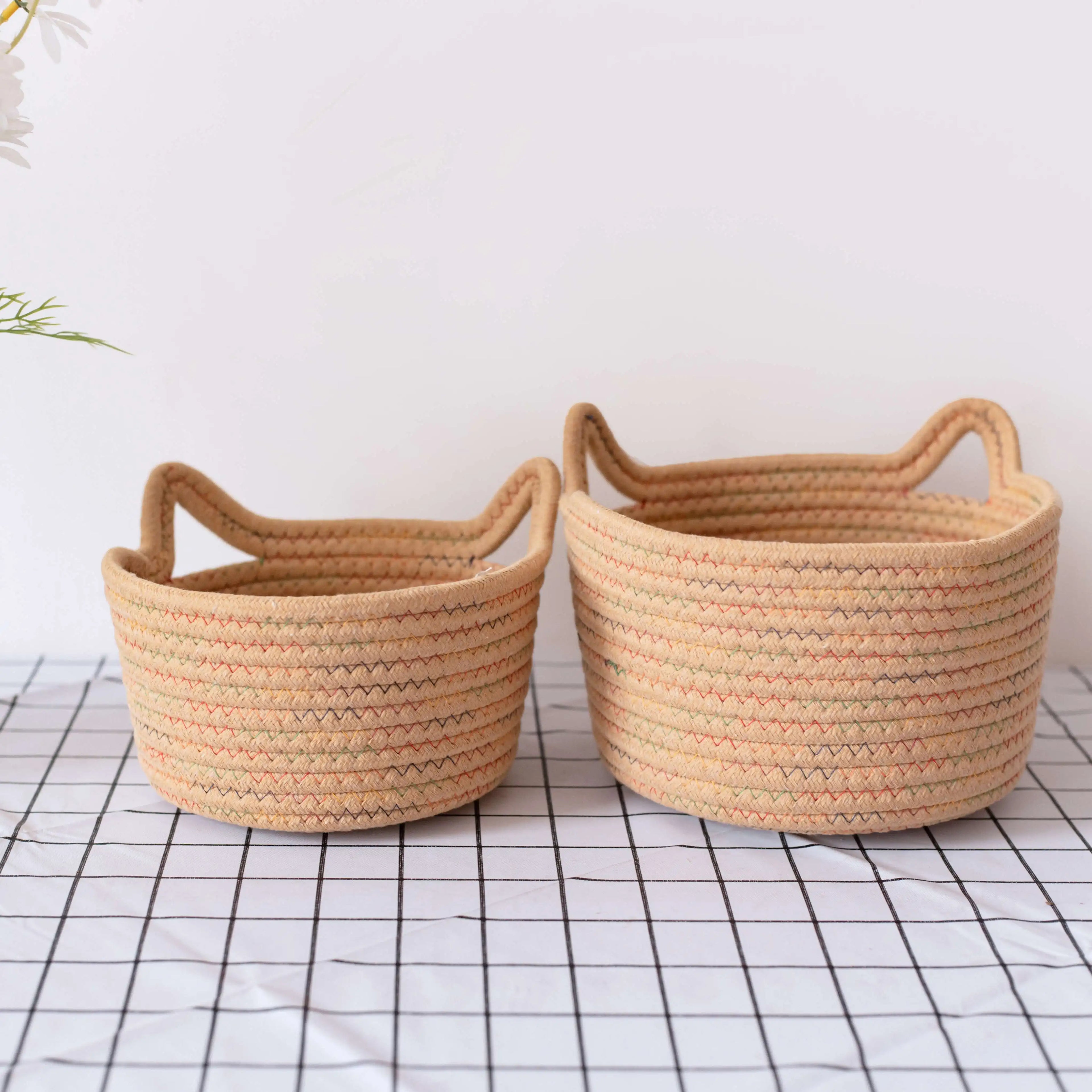 Wholesale Circular Storage Basket 3pcs Set Woven Cat Ear Cotton Rope Woven Basket