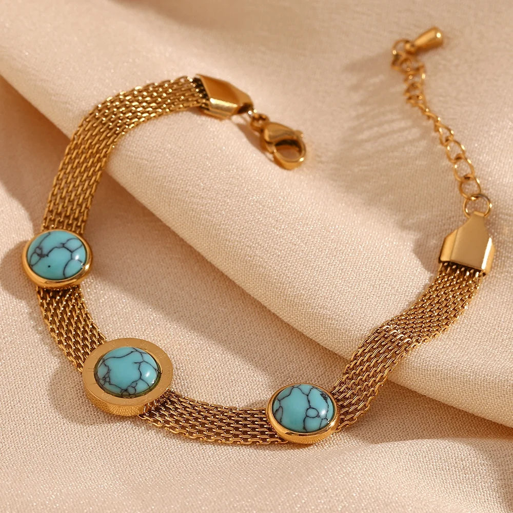 Dreamshow Roman Numeral Round Turquoise Bracelet Woven Chain Stainless Steel Jewelry Gold Plated Anti Tarnish Bracelet