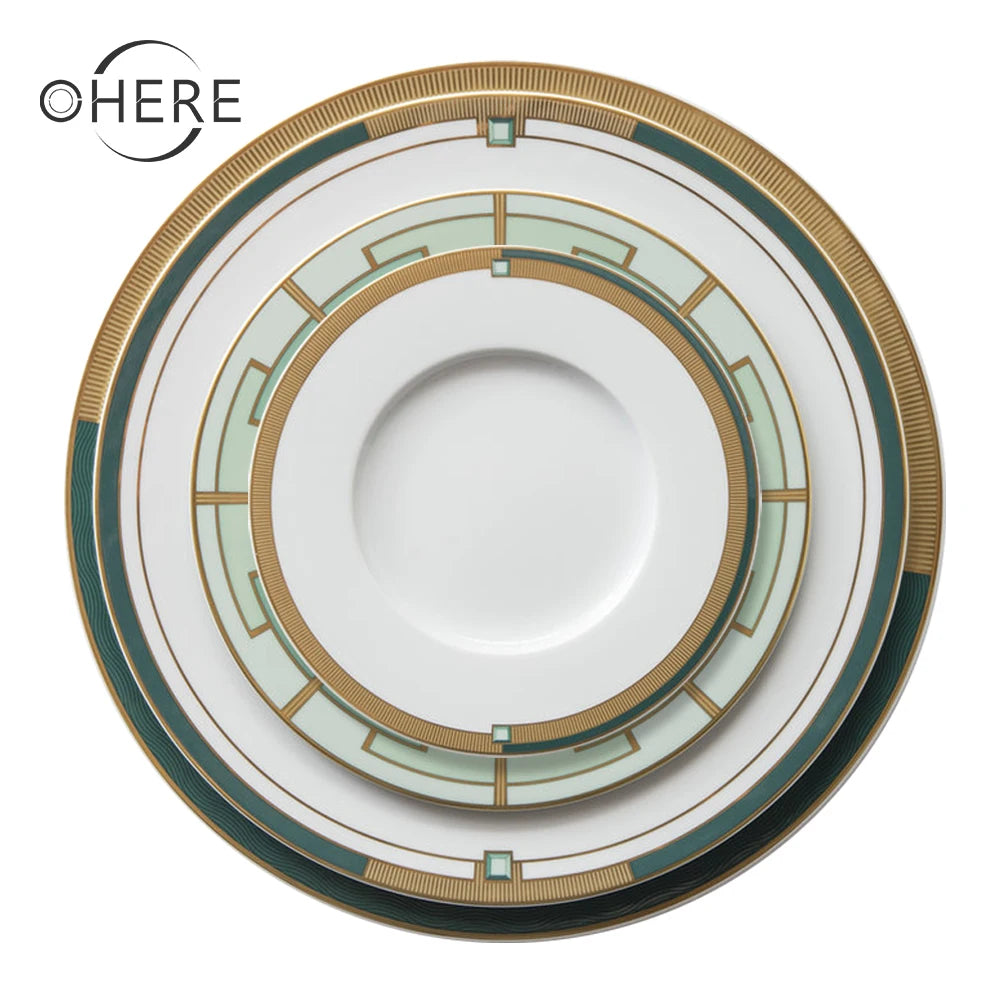 Nordic Minimalist Eco-Friendly High-end Green Charger Plate Dinner Set Ceramic Porcelain Bone China Wedding Dinnerware 100pcs