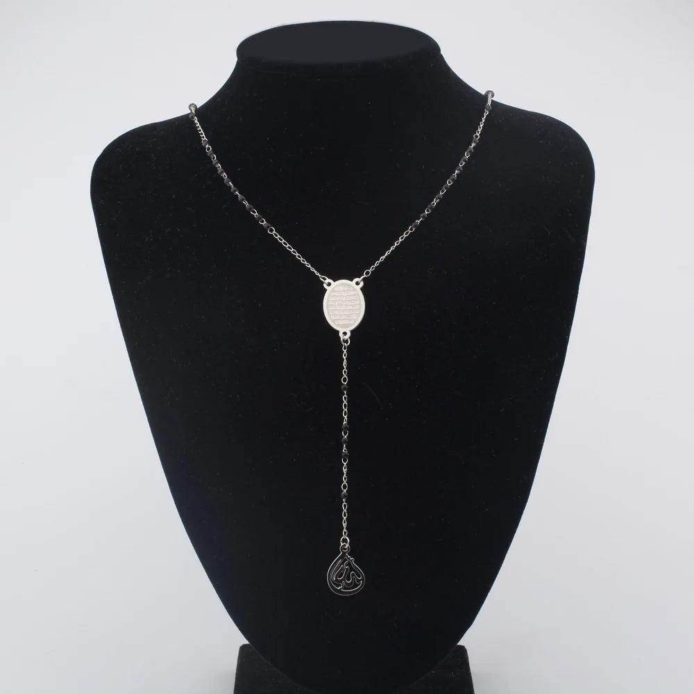 Stainless Steel Muslim Arabic Printed Pendant Necklace Black Color Beads Rosary Necklace Allah Jewelry