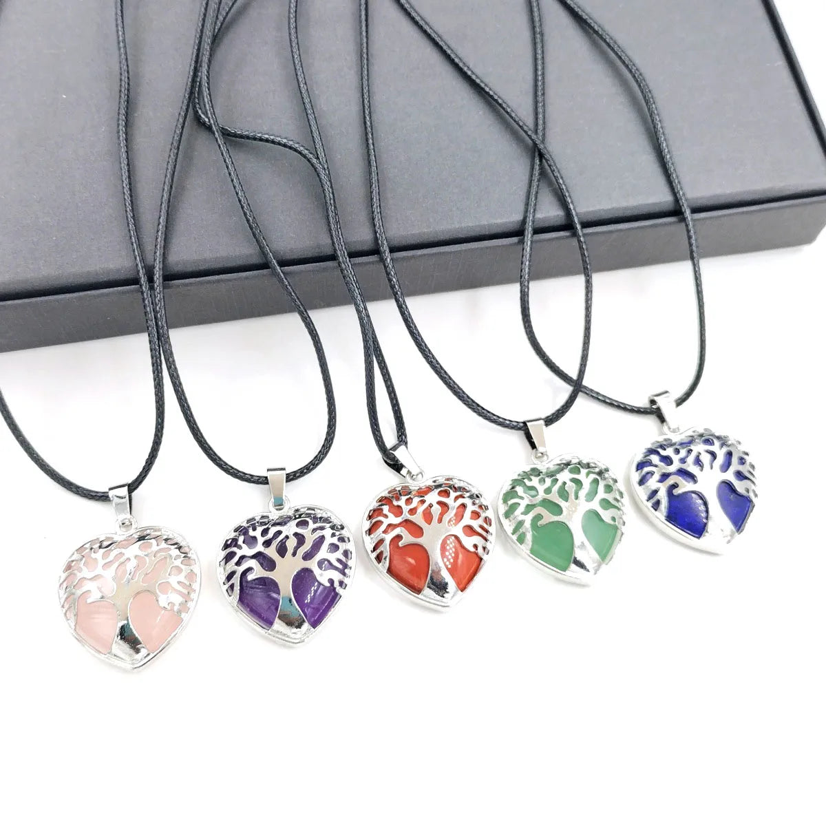 Wholesale Crystal Natural Stone Heart Shaped Tree of Life Rose Quartz Pendant Necklace Gemstone Necklace Pendants Jewelry