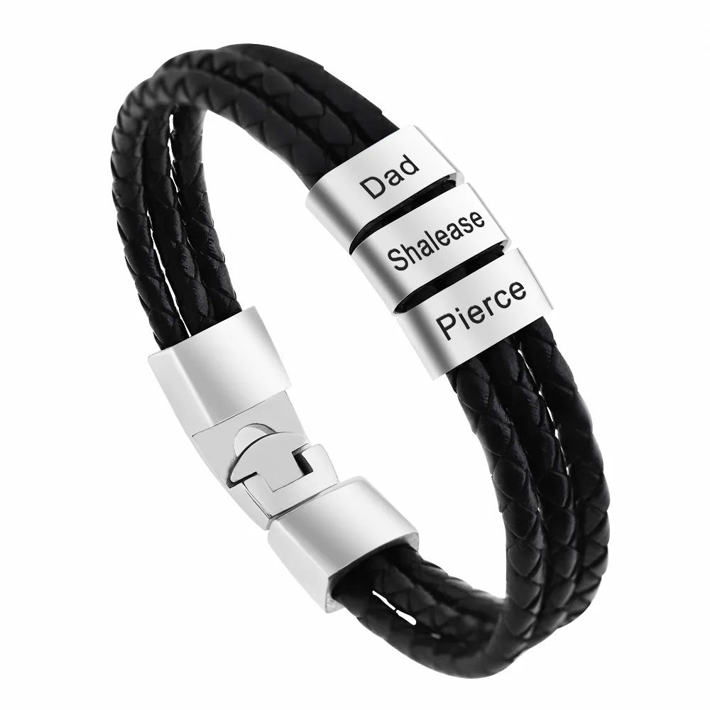 Customized Braided Leather Multi Layer Engraved Family Name Beads Leather Bracelet Jewelry for Engagement or Anniversary Gifts