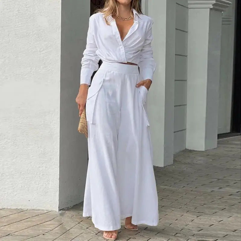 Women Long Sleeve Shirt Wide Leg Pants 2 Pieces Sets Lady V-Neck Single-breasted Loose Suit 2025 Female Fashion  Outfits