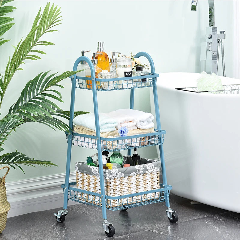 3-Tier Rolling Cart Heavy Duty Storage Cart with Lockable Wheels Wire Basket Utility Shelf Kitchen Cart