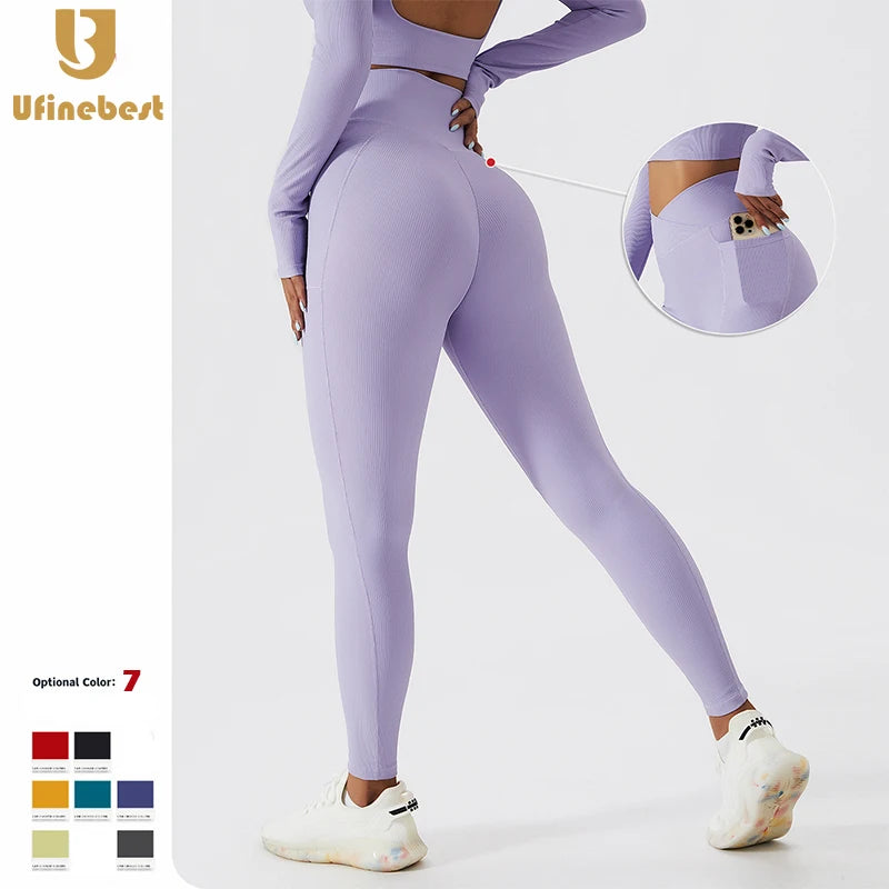 Ribbed Running Leggings Sports Yoga Pants Gym Fitness Workout Womens High Waist Cross Waist Yoga Pants With Pocket