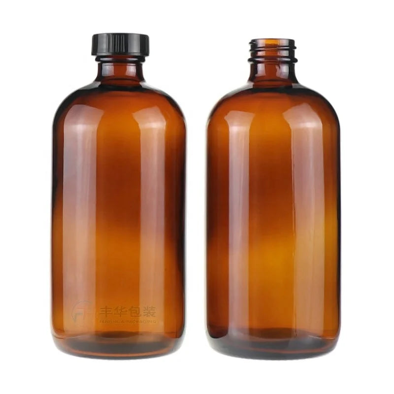 Manufacturer Amber boston Round Glass Bottles 16oz  with Phenolic Bakelite Lid Chemical Glass Bottle Shampoo Bottle Low Price