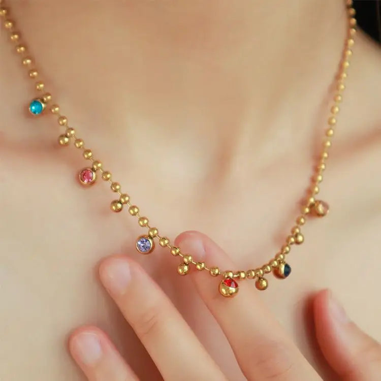 Minimalist PVD 18K Gold Plated Necklace Colorful Zircon Necklace Stainless Steel Beads Necklace for Women