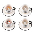 Funny 3D porcelain cartoon cat figurine animal inside milk tea cups custom juice drink ceramic tea cup with saucer