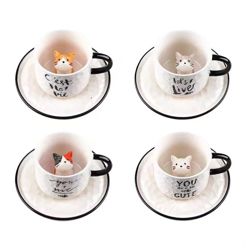 Funny 3D porcelain cartoon cat figurine animal inside milk tea cups custom juice drink ceramic tea cup with saucer