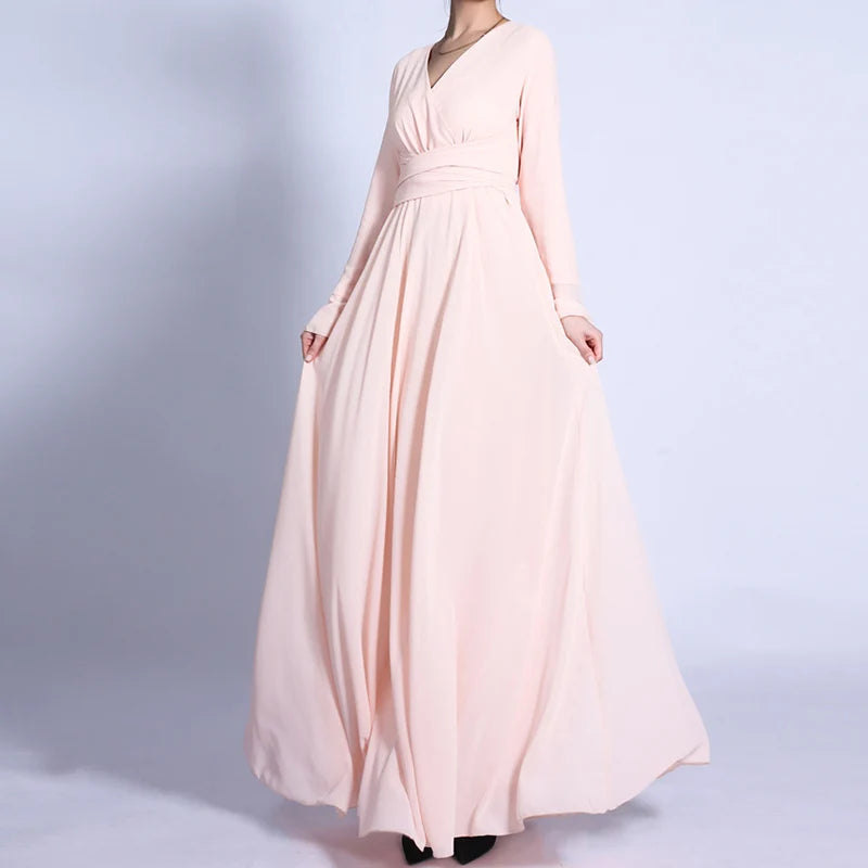 Maxi Dress Islamic Clothing Double Layer Lining Chiffon Flowy Abaya V Neck Cross Front Premium Abaya Dress