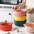 SOLHUI Nordic Style Simple Ceramic with Lid Binaural Salad Bowl Anti-scalding Noodle Bowl Home Personality Soup Bowl
