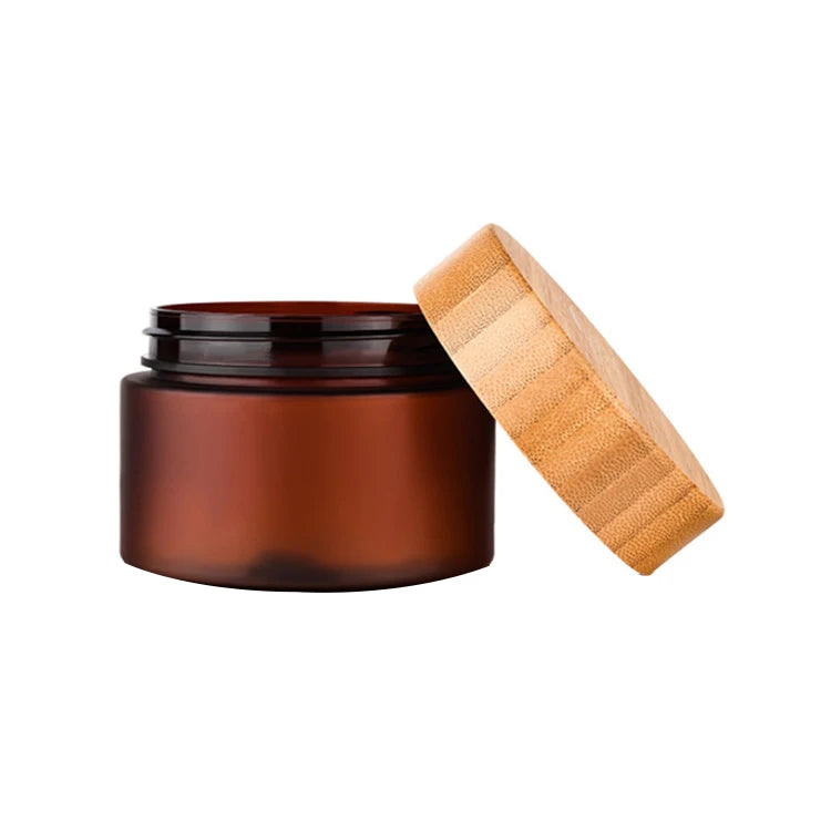 50ml 100ml 150ml 200ml PET Round Amber 16 oz 4 oz 8 oz Body Scrub Body Butter Spice Food Cosmetic Plastic Jars with Bamboo Lids