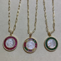 Religious Round Medal Holy Guadalupe Virgin Necklace Green Red Zircon Natural MOP Sea Shell Jewelry Pendant for Women