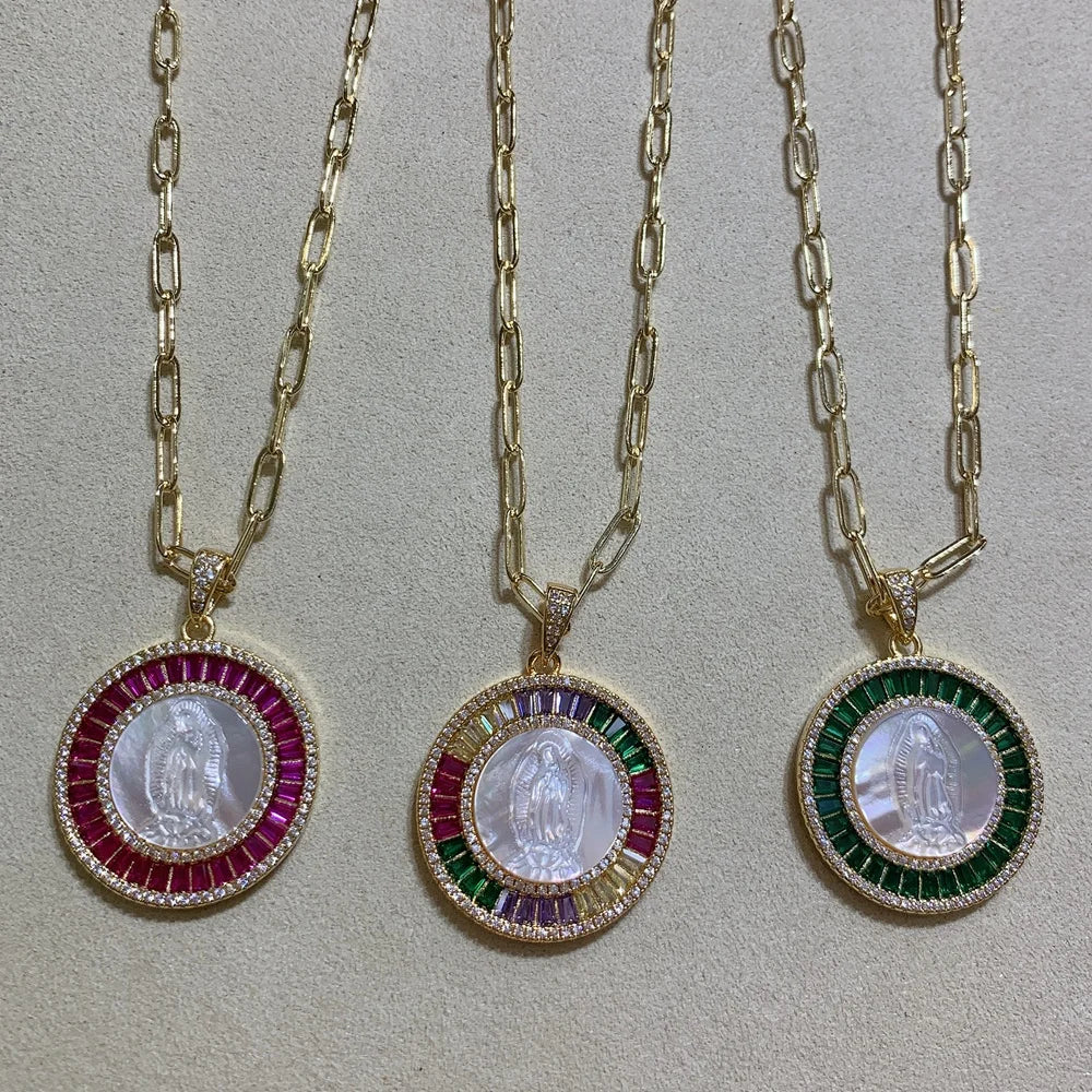 Religious Round Medal Holy Guadalupe Virgin Necklace Green Red Zircon Natural MOP Sea Shell Jewelry Pendant for Women