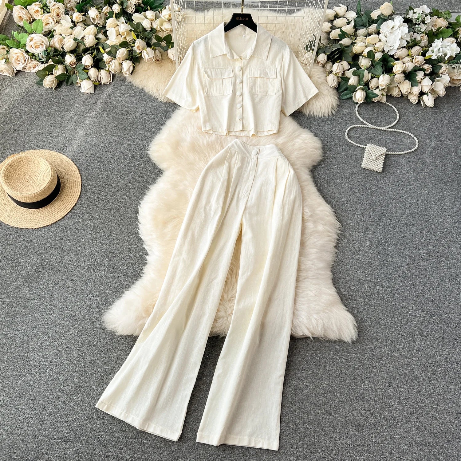 Fashion Short Shirts Women Temperament Short Sleeve Tops Casual High Waist Wide Leg Pants 2 Pieces
