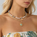 3Pcs/Set Vintage Turquoise Sunflower Pendant Necklace for Women Baroque Ladies Imitated Pearl Choker Fashion Jewelry Accessories