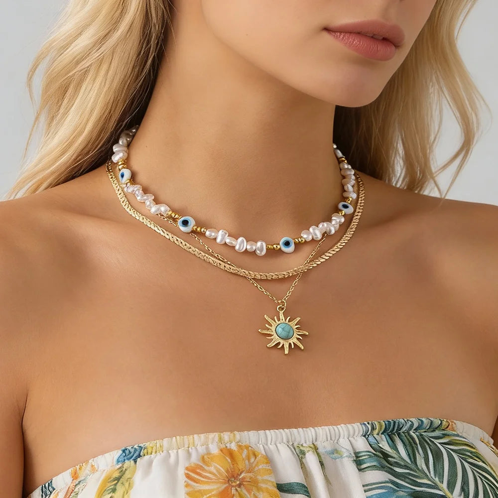 3Pcs/Set Vintage Turquoise Sunflower Pendant Necklace for Women Baroque Ladies Imitated Pearl Choker Fashion Jewelry Accessories